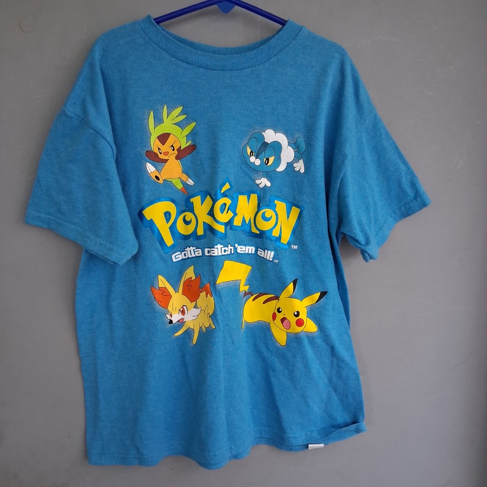Pokemon Kids Blue Graphic T-Shirt Pikachu Fennekin Chespin Froakie Size L 10-12